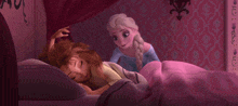 a cartoon of elsa standing next to anna in a bed