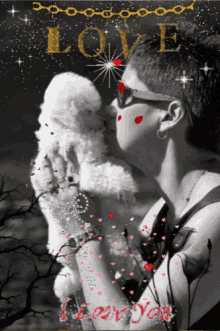 a black and white photo of a woman kissing a puppy with the word love written on the bottom