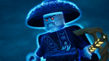 a cartoon character is flying through a dark room with a blue light