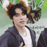 a close up of a person wearing a fox ear costume .