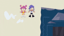 a couple of cartoon characters are standing next to each other in a dark room .