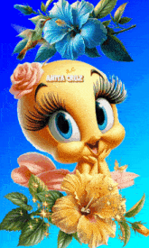 a tweety bird with flowers and the name anita cruz on it