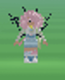 a blurred image of a girl with pink hair and wings standing in the grass .