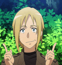 a blonde anime character with blue eyes is making a funny face