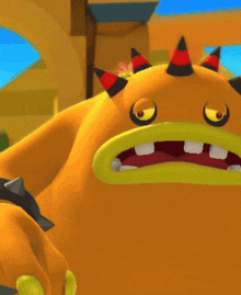 a cartoon character with a yellow mouth and red eyes