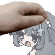 a hand is touching a cartoon girl 's head with a cross on it .