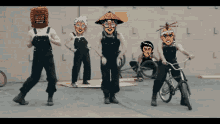 a group of cartoon characters are dancing in front of a brick wall with a yellow sign that says caution