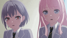 two anime girls are standing next to each other and one is surprised