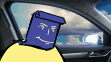 a cartoon drawing of a person in a car with a box on their head