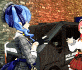 two anime girls standing in front of a van that says npo