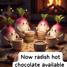 a group of radishes are sitting around a table with cups of hot chocolate