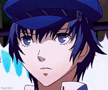 a close up of a person wearing a blue hat and looking at the camera .