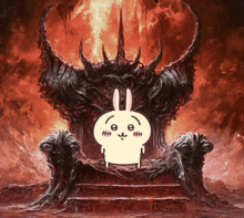 a cartoon bunny is sitting on a throne in a fire