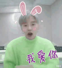 a person wearing bunny ears and a green sweater says i love you in chinese