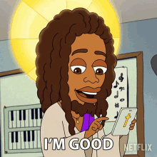a cartoon of jesus says i 'm good while holding a cell phone
