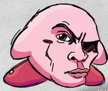 a drawing of kirby with a man 's face and a tear coming out of his eye