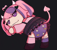 a cartoon drawing of a girl with horns and a diaper that has monkeys on it