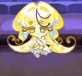 a cartoon character is sitting on a purple surface .