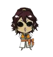 a cartoon drawing of a girl with big eyes and a bow around her waist
