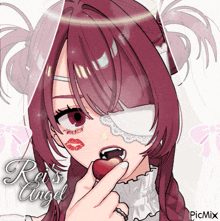 a drawing of a girl with red hair and the words rei 's angel above her