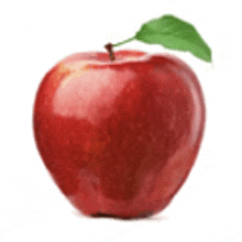 a red apple with a green leaf attached to it on a white background .