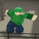 a cartoon character wearing a green shirt and a green hat is standing on a railing .