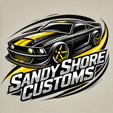 a logo for sandy shore customs with a black car