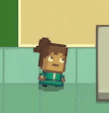 a pixel art of a girl in a blue dress standing on a green tile floor .
