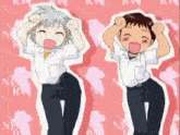 a couple of anime characters are standing next to each other with their arms in the air .