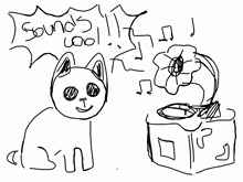 a black and white drawing of a cat with the words sounds cool above it
