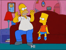 homer simpson is sitting on a couch talking to bart simpson who is sitting on a couch .
