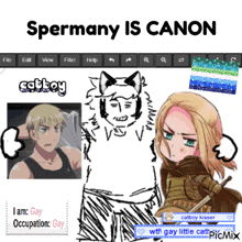 a drawing of a man with headphones and the words spermany is canon on top