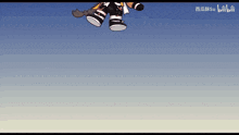 a cartoon character is flying through the air with a blue background and the word bilibili on the bottom right