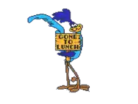 a pixel art of a bird holding a sign that says gone to lunch