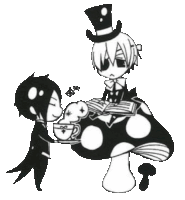a black and white drawing of a man in a top hat drinking from a cup