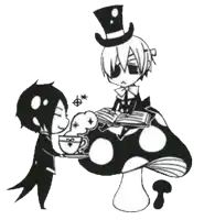a black and white drawing of a man in a top hat drinking from a cup