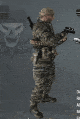 a man in a military uniform is holding a gun in front of a cv so logo