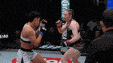 two women are fighting in a cage and one of them has the word ufc on her glove