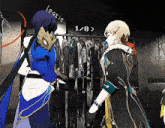 a cartoon of two people standing in front of a rack of clothes with the number 1/8 on the bottom