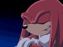 a close up of a cartoon character with red hair and white gloves