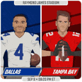 a poster for a football game between dallas and tampa bay on september 9th
