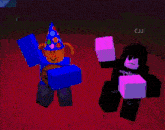 two roblox characters one wearing a party hat and the other wearing a black shirt are standing next to each other