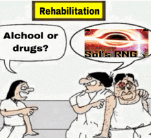 a cartoon of a man and woman talking about rehabilitation