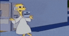 mr. homer simpson is wearing headphones and a white robe while walking down a hallway .