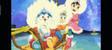 a group of cartoon characters are sitting on a sleigh .