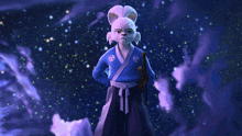 a cartoon character is wearing a blue kimono