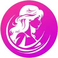 a pink circle with a silhouette of a woman with long hair