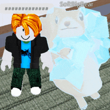 a boy in a blue shirt is standing next to a white bear with the name softbigbear on it