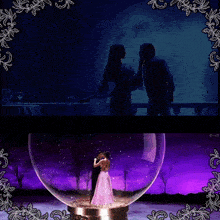a bride and groom are dancing in a snow globe with the words ap rthdas a on the bottom