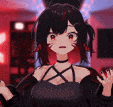 a girl with black hair and red eyes is wearing a black choker